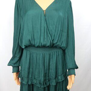 Socialite Faux Wrap Dress Womens M Emerald Satin Effect Cocktail Modest Holiday